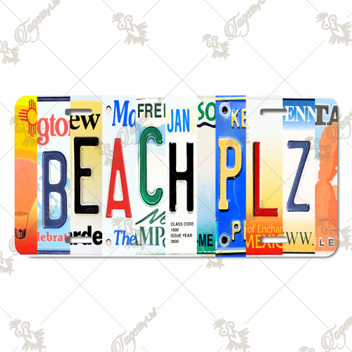 Beach Please license plate featuring collage-style state letters in rustic coastal Americana design on aluminum. Beach Please license plate featuring collage-style state letters in rustic coastal Americana design on aluminum.