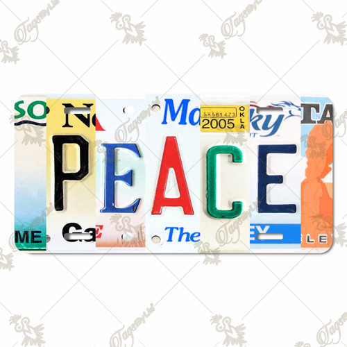 Peace license plate featuring collage-style state letters in rustic inspirational design on aluminum.