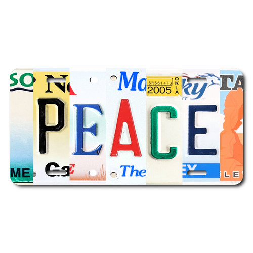 Peace license plate featuring collage-style state letters in rustic inspirational design on aluminum.
