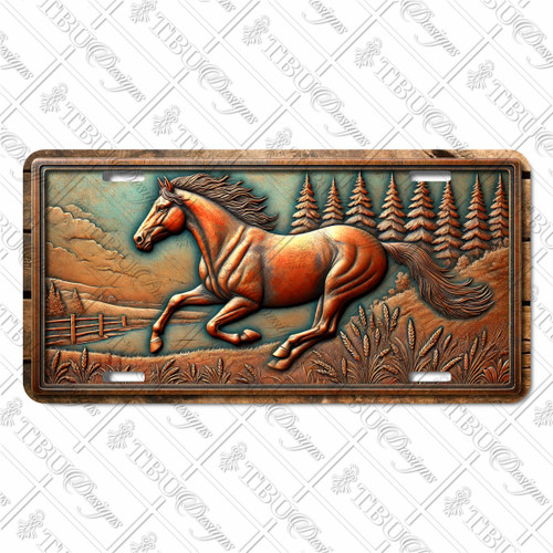 Horse license plate featuring a running stallion in rustic embossed-look artwork with bronze and copper tones against a forest backdrop on aluminum. Horse license plate featuring a running stallion in rustic embossed-look artwork with bronze and copper tones against a forest backdrop on aluminum.