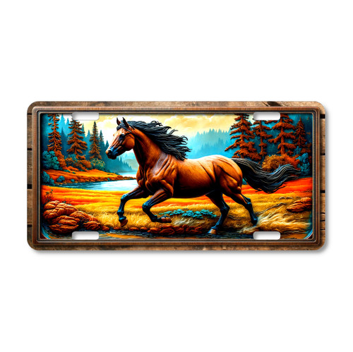 Horse license plate featuring a running stallion in front of a vibrant autumn forest and river backdrop in rustic embossed-look artwork on aluminum.
