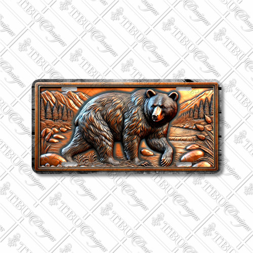 Black Bear license plate featuring rustic wilderness mountain stream scene with bronze and copper tones in embossed-look artwork on aluminum.