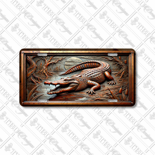 Crocodile license plate featuring moonlit swamp scene with rustic embossed-look reptile artwork on aluminum.
