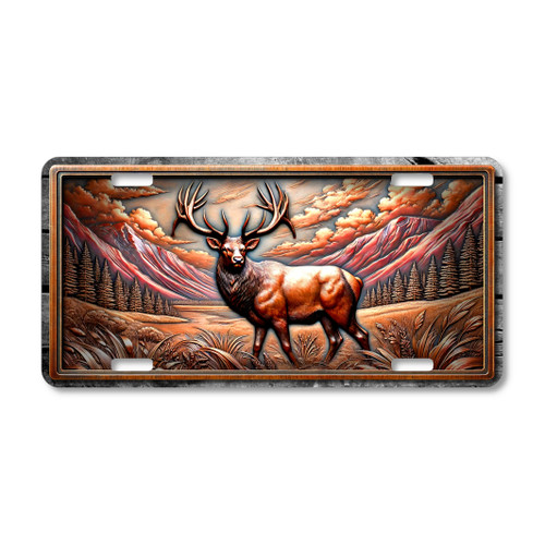 Elk license plate featuring rustic mountain landscape with embossed-look wildlife artwork on aluminum.