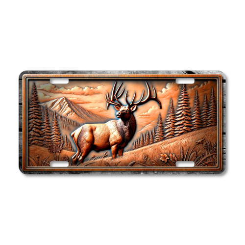 Elk license plate featuring rustic mountain meadow scene with proud elk and pine trees in embossed-look artwork on aluminum.