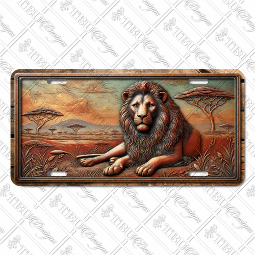 Lion license plate featuring rustic African savanna scene with acacia trees and majestic lion in embossed-look artwork on aluminum.