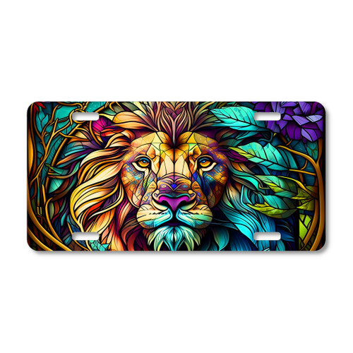 Lion head license plate featuring stained-glass style artwork in bold, vibrant colors on aluminum.