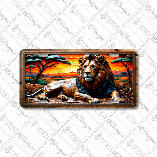 Lion license plate featuring rustic African savanna scene with lion resting at sunset in embossed-look artwork on aluminum.