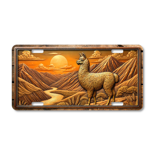 Llama license plate featuring a golden-metal carved mountain scene with rustic embossed-look artwork on aluminum.