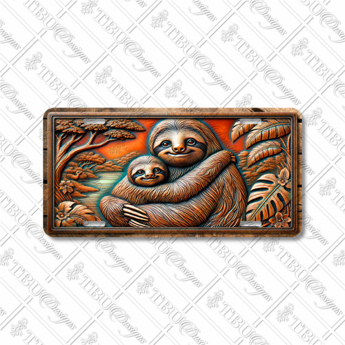 Sloth license plate featuring a mother and baby in a rustic tropical scene with embossed-look artwork on aluminum.