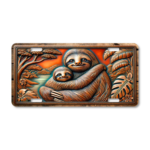 Sloth license plate featuring a mother and baby in a rustic tropical scene with embossed-look artwork on aluminum.