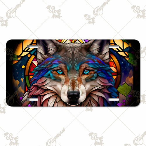 Wolf license plate featuring a vibrant stained-glass style wolf portrait in bold colors on aluminum. Wolf license plate featuring a vibrant stained-glass style wolf portrait in bold colors on aluminum.