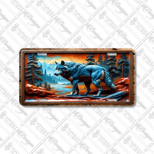 Wolf license plate featuring a bold blue wolf in a mountain river landscape with copper-orange sky on aluminum.