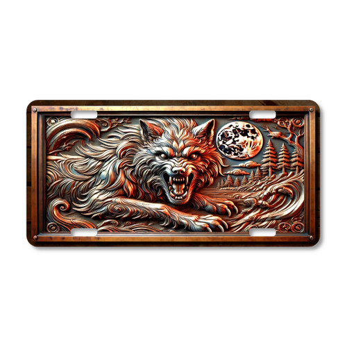 Wolf license plate featuring a snarling wolf under a full moon with copper and steel embossed-look textures on aluminum.