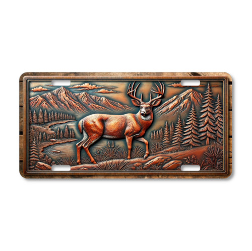 Buck deer license plate featuring a rustic mountain forest embossed-look design on aluminum.