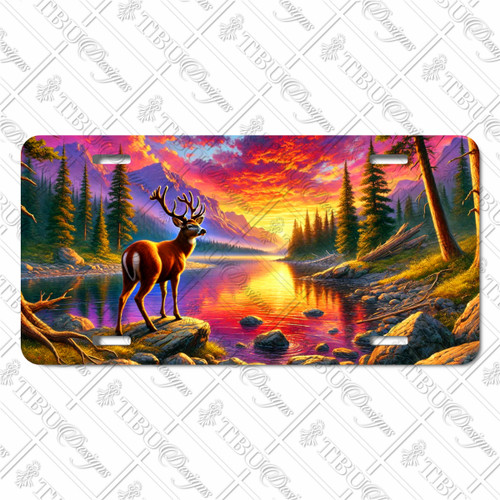 Deer license plate featuring a buck standing by a reflective mountain lake at sunset in vibrant forest colors on aluminum.