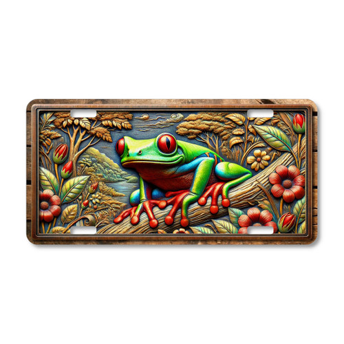Tree frog license plate featuring a rustic embossed-look design with vivid green frog, red flowers, and jungle foliage on aluminum.