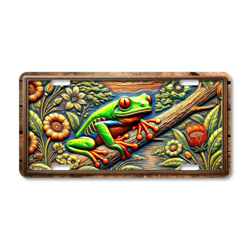 Tree frog license plate featuring rustic embossed-look artwork with a brightly colored frog clinging to a branch surrounded by flowers and foliage.