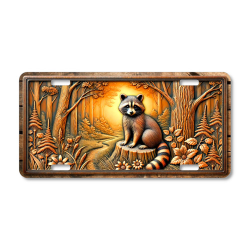 Raccoon license plate featuring rustic embossed-look artwork with a raccoon sitting on a tree stump, surrounded by woodland foliage and glowing background.