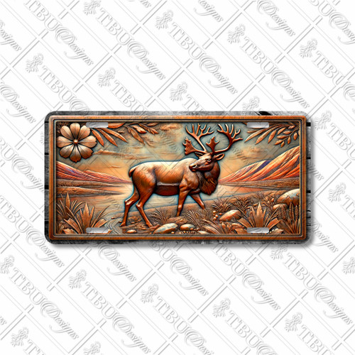 Caribou license plate featuring rustic embossed-look artwork of a regal caribou standing by a river with mountain scenery in warm bronze tones.