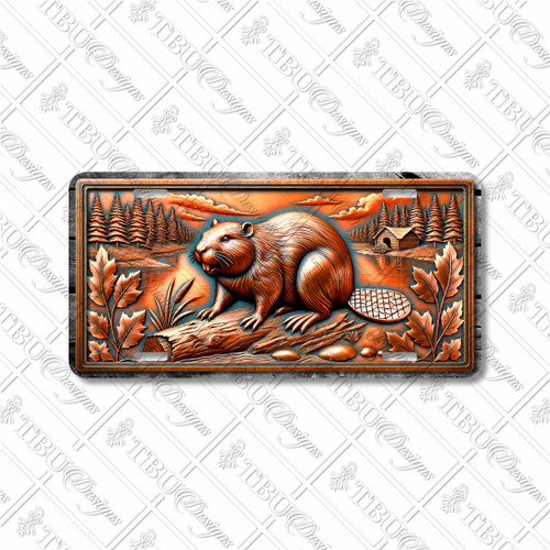 Beaver license plate featuring rustic embossed-look artwork of a beaver on a log near a river with lodge and pine forest in bronze and copper tones.