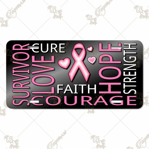 Survivor Hope Courage license plate featuring pink ribbon and empowering words in bold pink and white text on a black background.