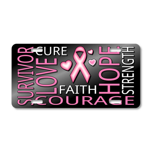 Survivor Hope Courage license plate featuring pink ribbon and empowering words in bold pink and white text on a black background.