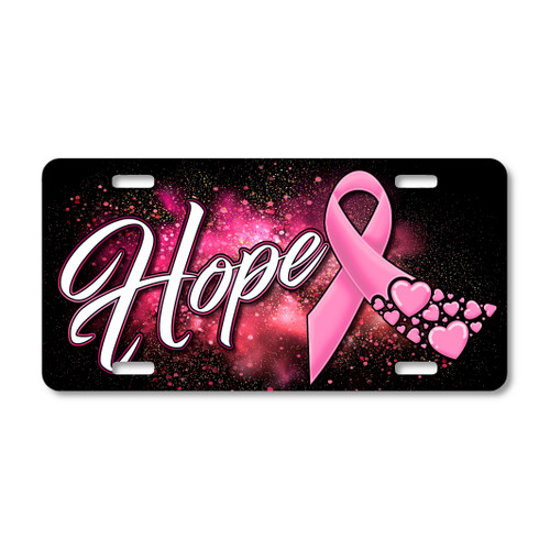 Hope Pink Ribbon license plate featuring awareness ribbon with cascading hearts and bold pink script on black-pink background.