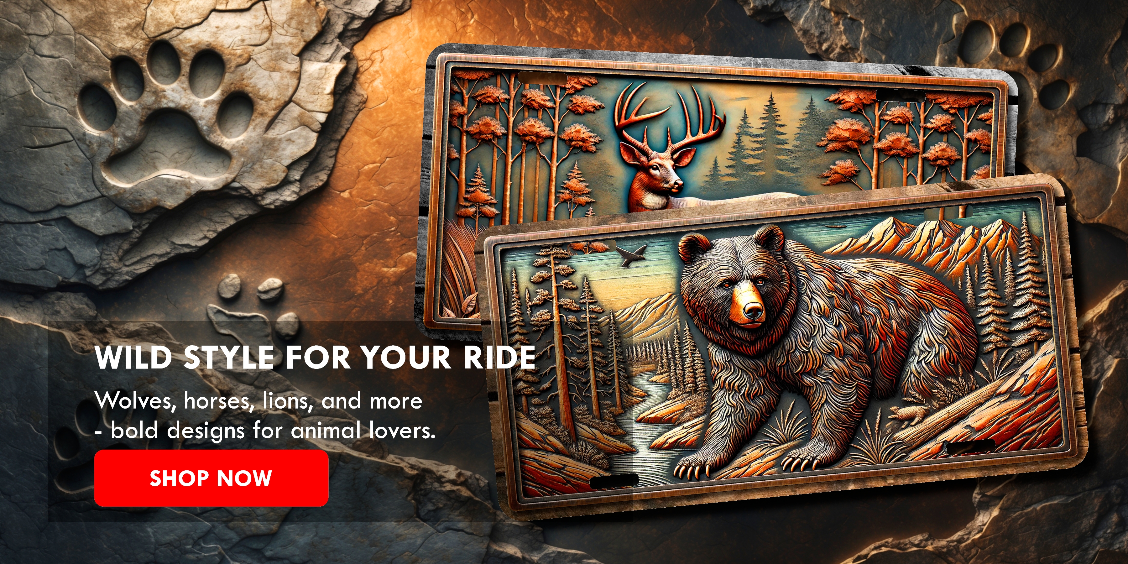 Animal license plates featuring embossed bear and deer designs with rustic forest background on carved stone paw print backdrop.
