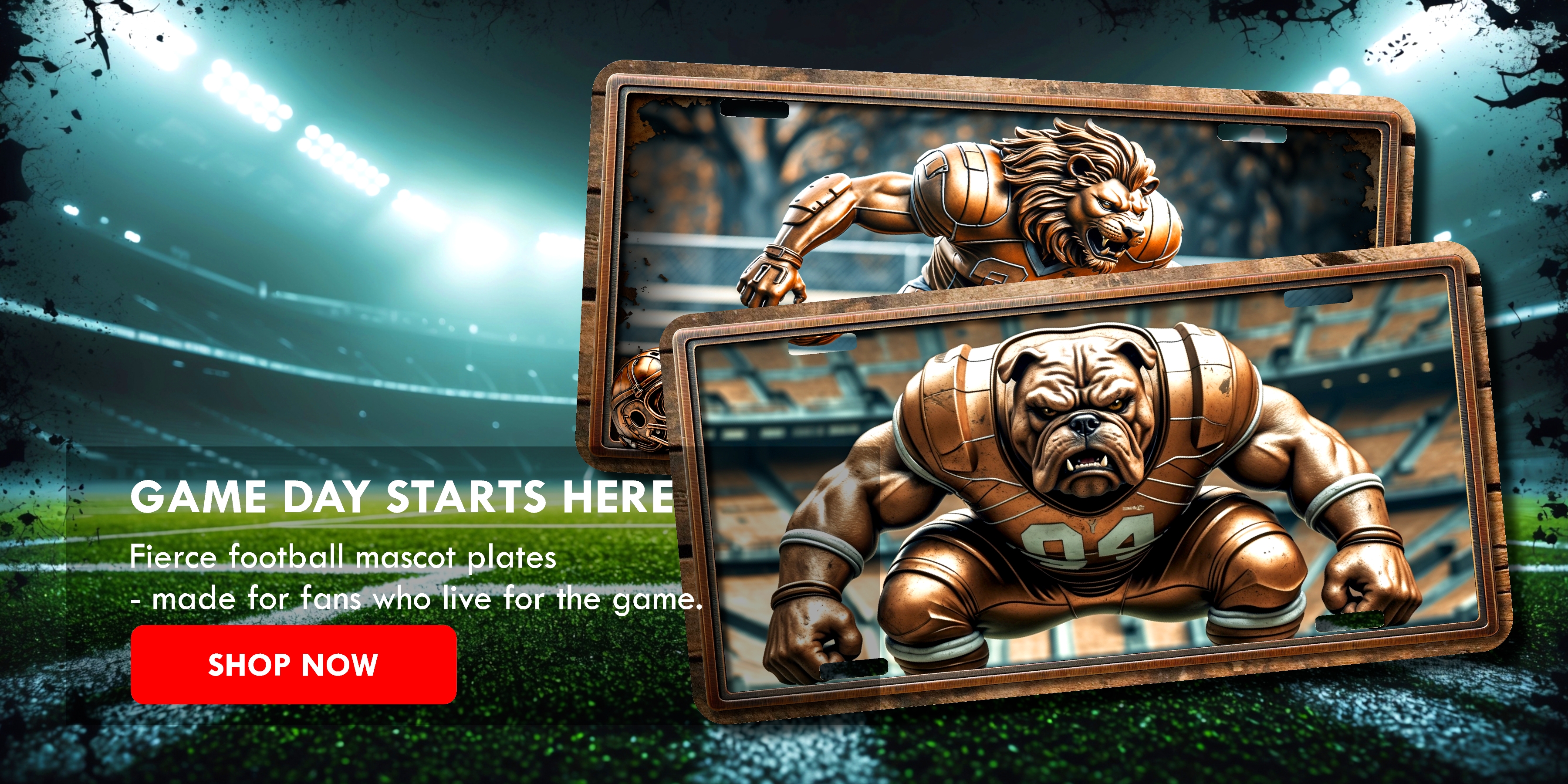 Football mascot license plates featuring lion and bulldog designs, set against foggy stadium lights and cracked turf background.