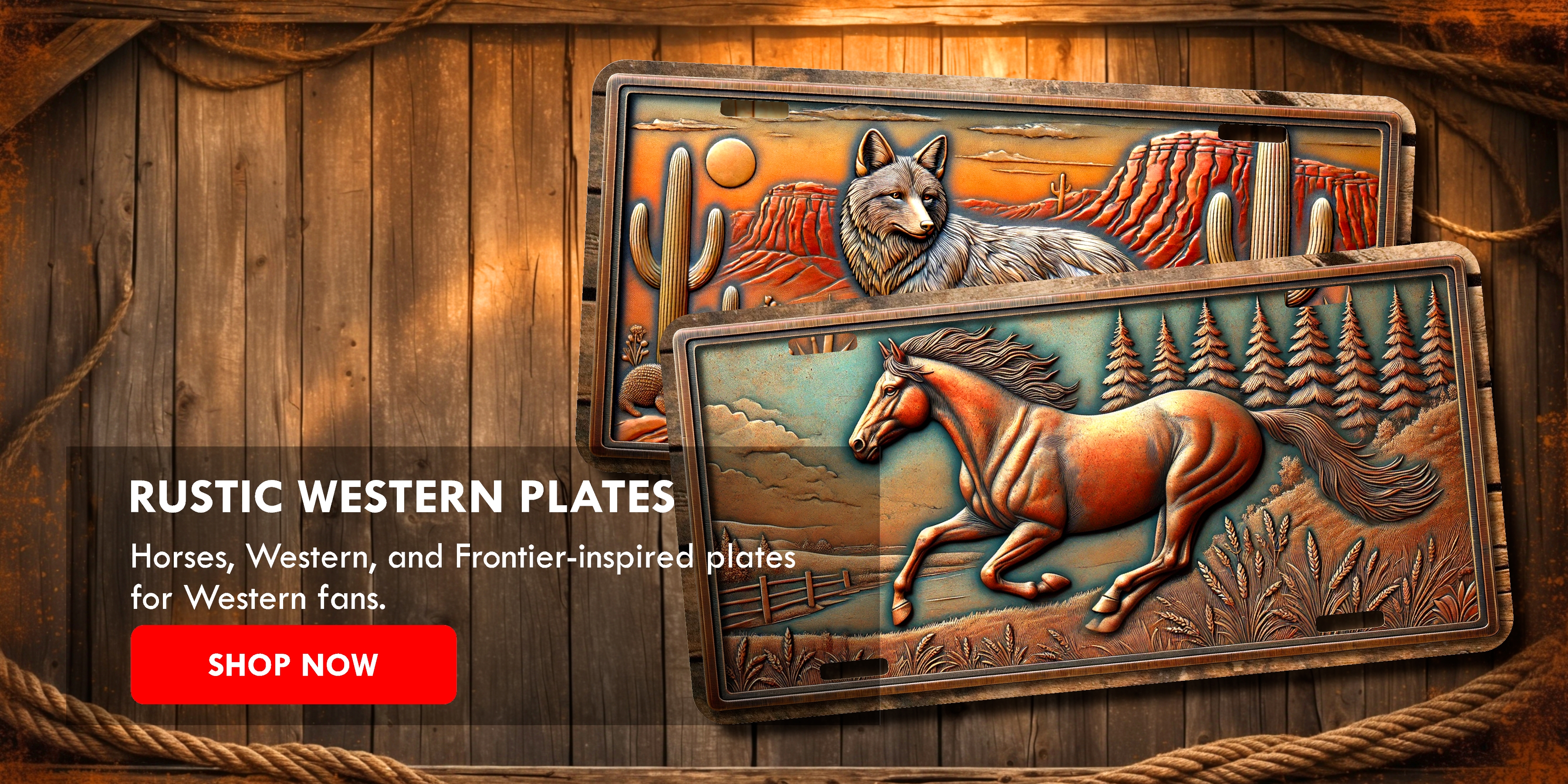 Western license plates featuring horse and wolf designs, displayed on rustic barn wood background with rope border accents.
