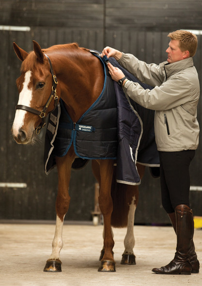 Putting on a Horseware blanket liner. Putting on a Horseware blanket liner.