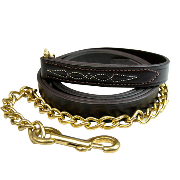 Walsh Fancy Stitched 1" x 6' Leather Lead with 24" Brass Chain, Havana