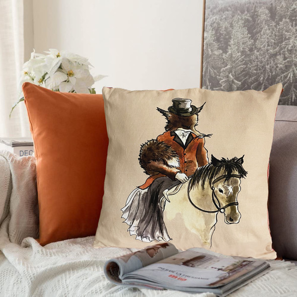 Lady Fox Throw Pillow with Peach/Coral Plaid Back