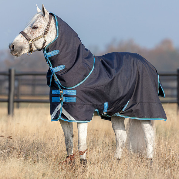 Amigo Pony Bravo 12 Plus Medium Turnout Blanket, Navy/Turquoise/Aqua/Blue, 45"-69"