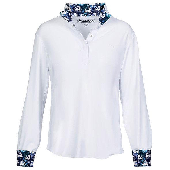 Ovation Ellie Child's Quarter Snap Show Shirt, White/Blue Whims Horses, Sizes 6 - 16