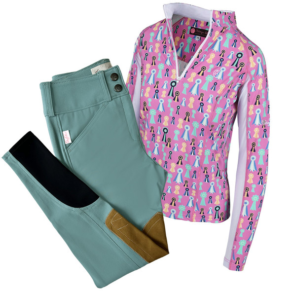 Girls Tailored Sportsman sock bottom breech, Spa and Kathryn Lily Sun Shirt Pink Ribbons. Girls Tailored Sportsman sock bottom breech, Spa and Kathryn Lily Sun Shirt Pink Ribbons.