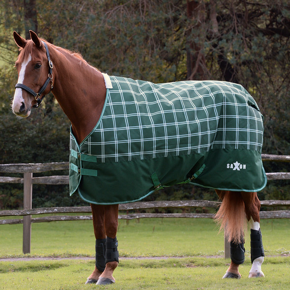 Saxon Defiant 1200D Lite Pony Turnout Sheet, Hunter Green/Plaid Sizes 48" - 69". Saxon Defiant 1200D Lite Pony Turnout Sheet, Hunter Green/Plaid Sizes 48" - 69".