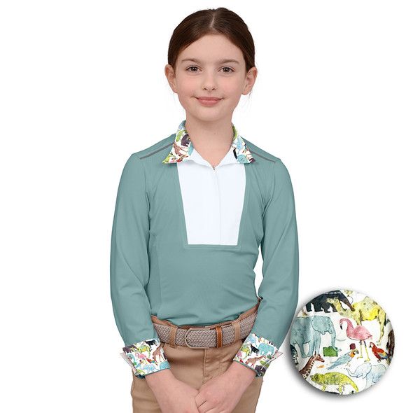Chestnut Bay Skycool LS Liberty Show Shirt,  Aqua with wild animals.