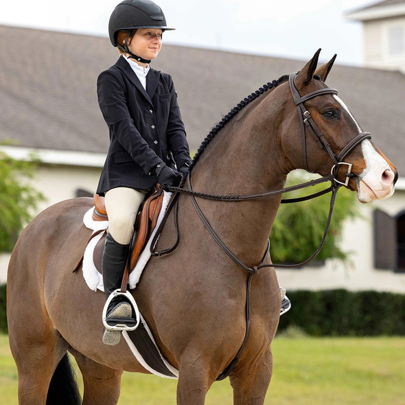 LeMieux Fancy Stitched Hunter Standing Martingale on a pony. LeMieux Fancy Stitched Hunter Standing Martingale on a pony.