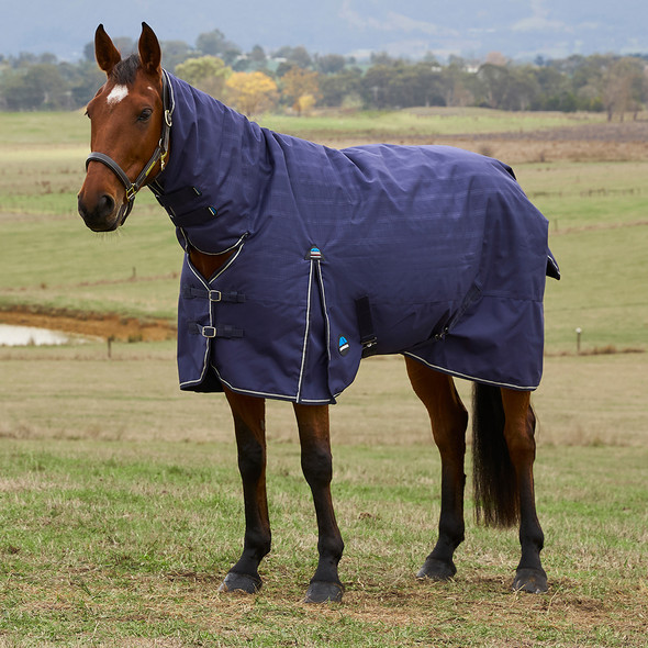 Weatherbeeta Comfitec Prelim Combo Turnout Sheet, Navy Embossed Plaid. Weatherbeeta Comfitec Prelim Combo Turnout Sheet, Navy Embossed Plaid.