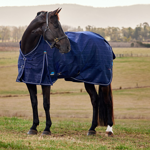 Weatherbeeta Comfitec Prelim Turnout Sheet, 0g, Navy Embossed Plaid, 48" - 69" . Weatherbeeta Comfitec Prelim Turnout Sheet, 0g, Navy Embossed Plaid, 48" - 69" .