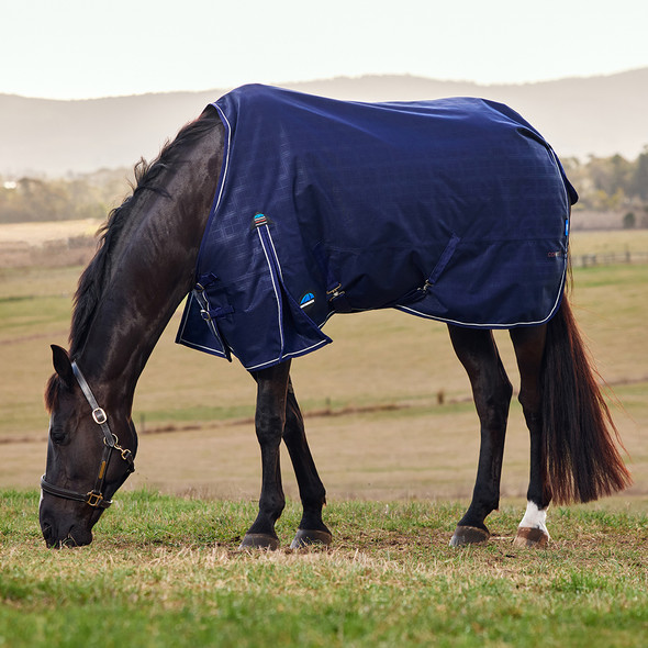 Weatherbeeta Comfitec Prelim Turnout Sheet, 220g, Navy Embossed Plaid, 48" - 69" . Weatherbeeta Comfitec Prelim Turnout Sheet, 220g, Navy Embossed Plaid, 48" - 69" .