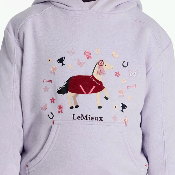 Closeup of LeMieux  lilac mini romi hoodie.