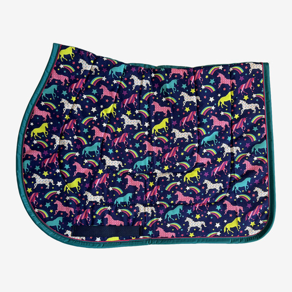  Wilkers Saddle Pad, Navy Unicorns with Teal Trim, Pony.