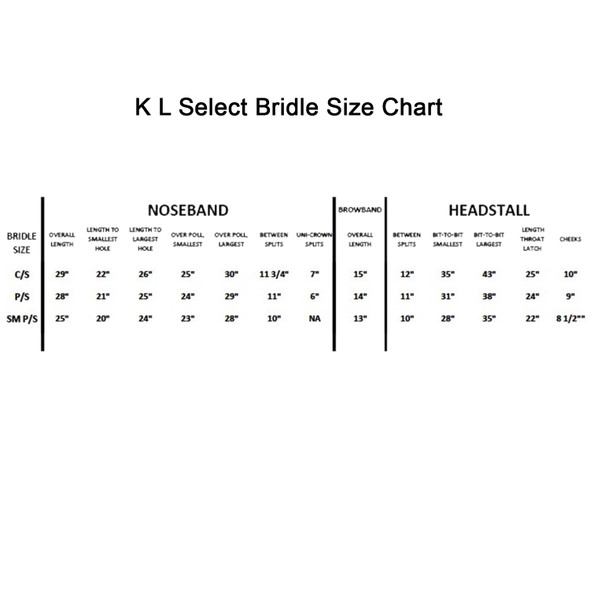 Size Chart for KL Select Red Barn Hunter Bridles, Small Pony,  Pony and Cob.
