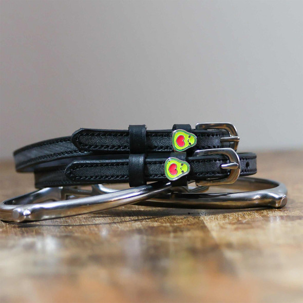 MaryJane Black Leather Spur Straps with Happy Avocado Charm.