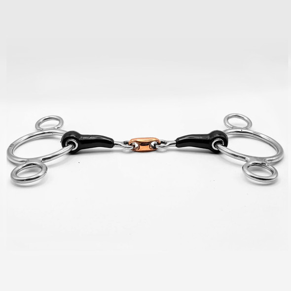 Edge view of Pandaponyium Two Ring Rubber Copper Oval bit for ponies.