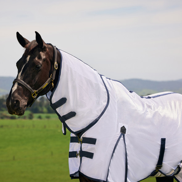Saxon Mesh Combo Neck Fly Sheet with Belly Band, White/Navy, 60" - 69"