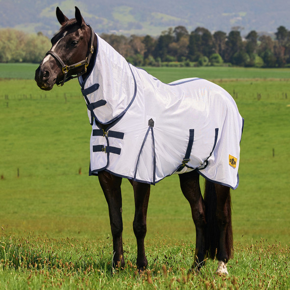 Saxon Mesh Combo Neck Fly Sheet with Belly Band, White/Navy, 60" - 69"